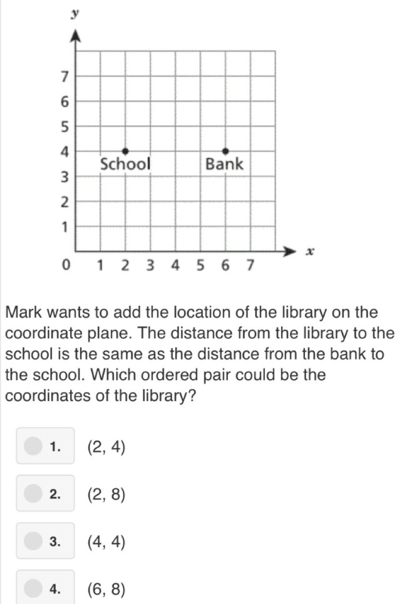 Mark wants to add the location of the library on the
coordinate plane. The distance from the library to the
school is the same as the distance from the bank to
the school. Which ordered pair could be the
coordinates of the library?
1. (2,4)
2. (2,8)
3. (4,4)
4. (6,8)