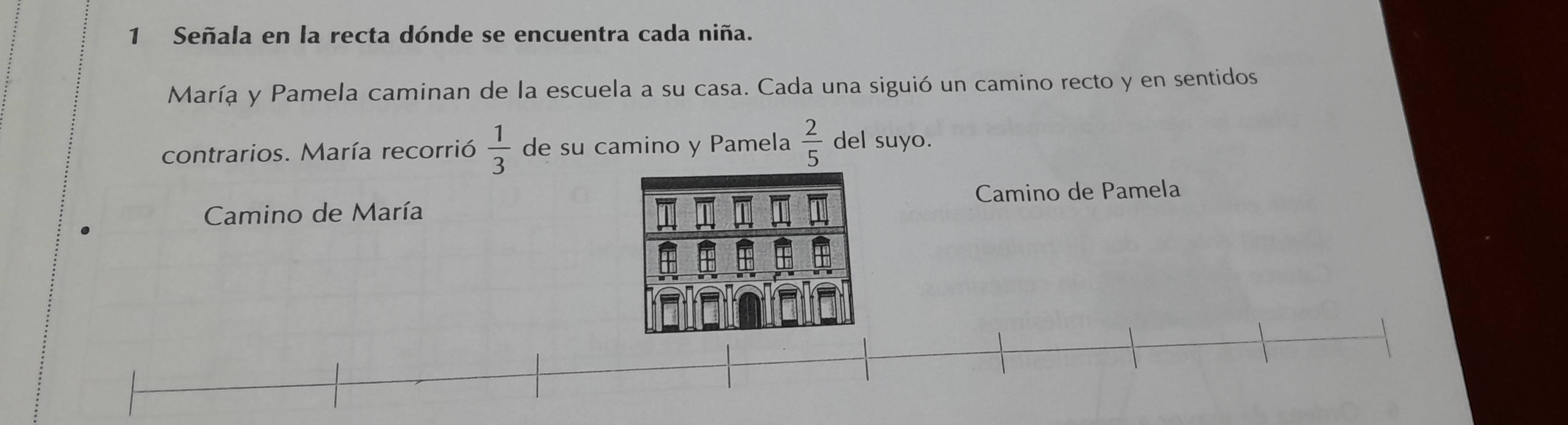 Señala en la recta dónde se encuentra cada niña. 
María y Pamela caminan de la escuela a su casa. Cada una siguió un camino recto y en sentidos 
contrarios. María recorrió  1/3  de su camino y Pamela  2/5  del suyo. 
Camino de María Camino de Pamela