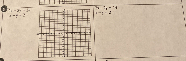 4 
10 
9 2x-2y=14
2x-2y=14
x-y=2
x-y=2