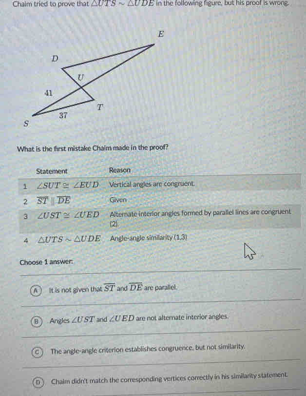 Chaim tried to prove that △ UTSsim △ UDE in the following figure, but his proof is wrong.
What is the first mistake Chaim made in the proof?
Statement Reason
1 ∠ SUT≌ ∠ EUD Vertical angles are congruent.
2 overline STparallel overline DE Given
3 ∠ UST≌ ∠ UED Alternate interior angles formed by parallel lines are congruent
(2).
4 △ UTSsim △ UDE Angle-angle similarity (1,3)
Choose 1 answer:
A It is not given that overline ST and overline DE are parallel.
B Angles ∠ UST and ∠ UED are not alternate interior angles.
The angle-angle criterion establishes congruence, but not similarity.
D ) Chaim didn't match the corresponding vertices correctly in his similarity statement.