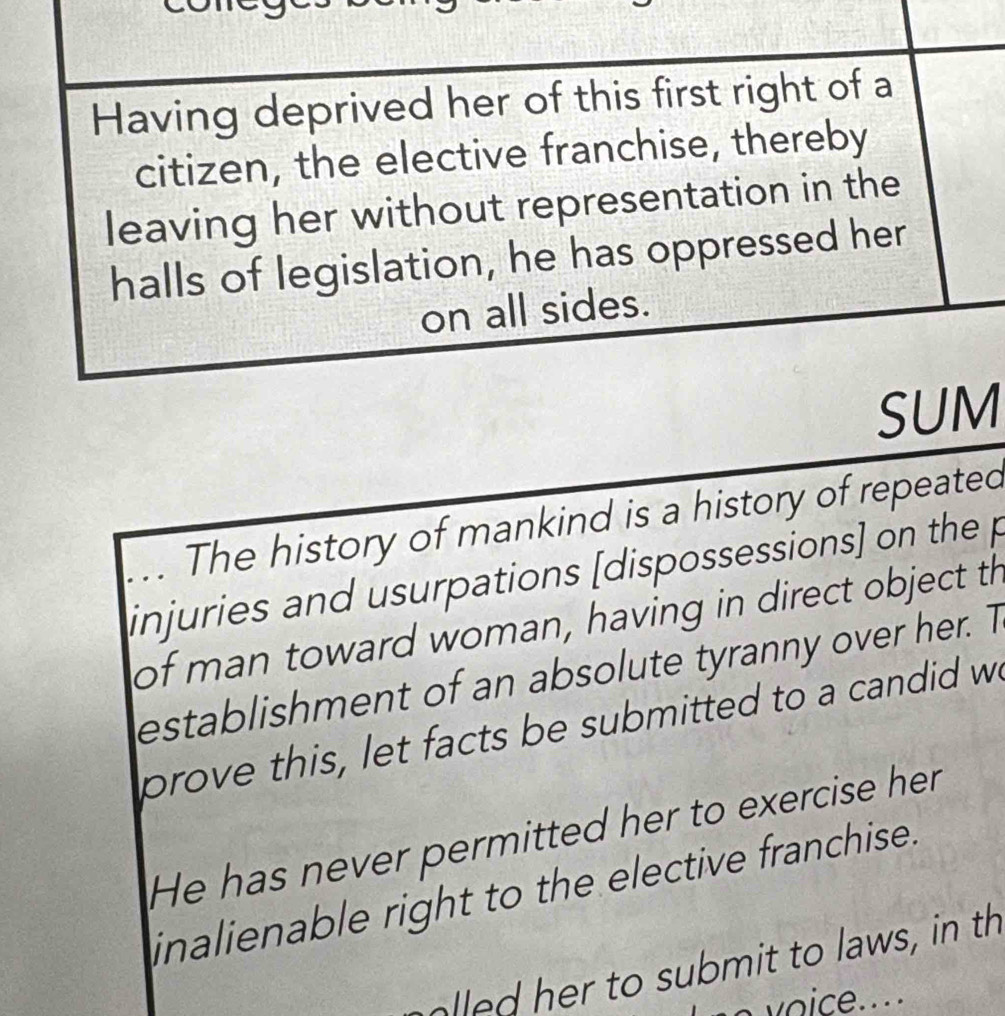 Having deprived her of this first right of a 
citizen, the elective franchise, thereby 
leaving her without representation in the 
halls of legislation, he has oppressed her 
on all sides. 
SUM 
The history of mankind is a history of repeated 
injuries and usurpations [dispossessions] on the p 
of man toward woman, having in direct object th 
establishment of an absolute tyranny over her. T 
prove this, let facts be submitted to a candid w 
He has never permitted her to exercise her 
inalienable right to the elective franchise. 
alled her to submit to laws, in th 
o v o ice...