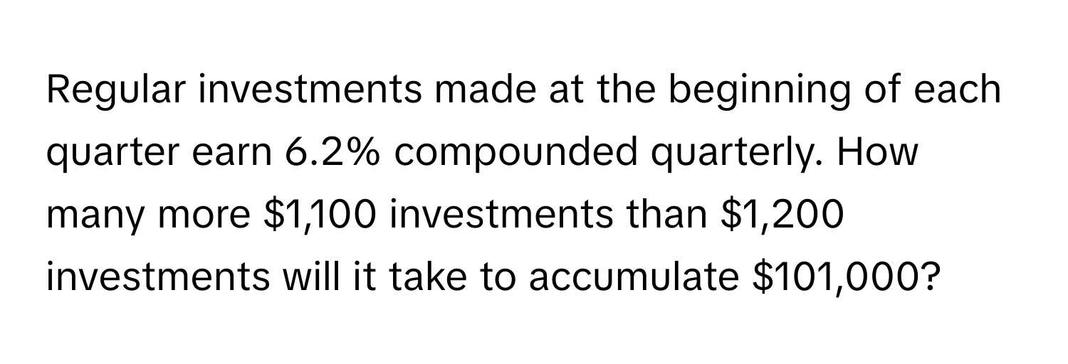 Regular investments made at the beginning of each quarter earn 6.2% compounded quarterly. How many more $1,100 investments than $1,200 investments will it take to accumulate $101,000?