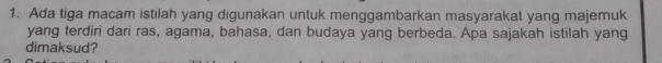 Ada tiga macam istilah yang digunakan untuk menggambarkan masyarakat yang majemuk 
yang terdiri dari ras, agama, bahasa, dan budaya yang berbeda. Apa sajakah istilah yang 
dimaksud?