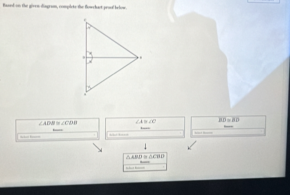 Based on the given diagram, complete the flowchart proof below.
overline BD≌ overline BD
∠ ADB≌ ∠ CDB
∠ A≌ ∠ C
Reason Reesn 
Sidect Rasion Select Reanoń Solact Binasatn
△ ABD≌ △ CBD
---