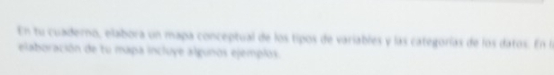 En tu cuaderno, elabora un mapa conceptual de los tipos de variables y las categorías de los datos. En la 
elaboración de tu mapa incluye algunos ejemplos.