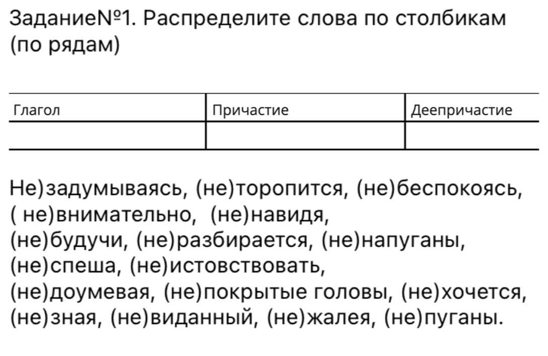 Задание N^(_ o)1. Ρаспределите слова по столбикам
(по рядам)
Не)задумываясь, (не)торопится, (не)беспокоясь,
( не)внимательно, (не)навидя,
(не)будучи, (не)разбирается, (не)напуганы,
(не)спеша, (не)истовствовать,
(не)доумевая, (не)покрытые головы, (не)хочется,
(не)зная, (не)виданный, (не)жалея, (не)пуганы.