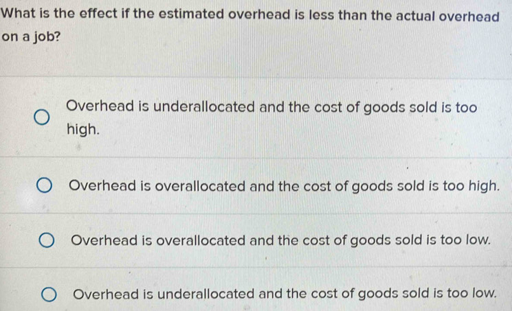Solved: What is the effect if the estimated overhead is less than the ...
