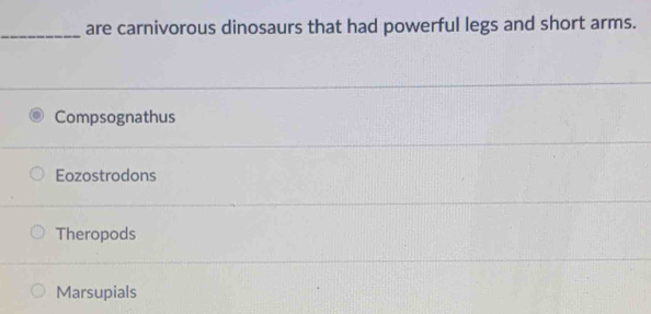 are carnivorous dinosaurs that had powerful legs and short arms.
Compsognathus
Eozostrodons
Theropods
Marsupials