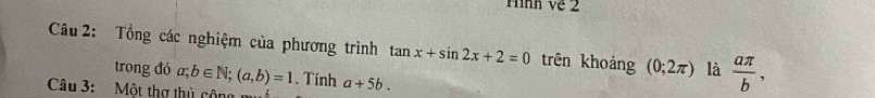 Hình về 2 
Câu 2: Tổng các nghiệm của phương trình tan x+sin 2x+2=0 trên khoảng (0;2π ) là  aπ /b , 
trong đó a;b∈ N; (a,b)=1. Tinh 
Câu 3:Một thợ thủ cộng a+5b.