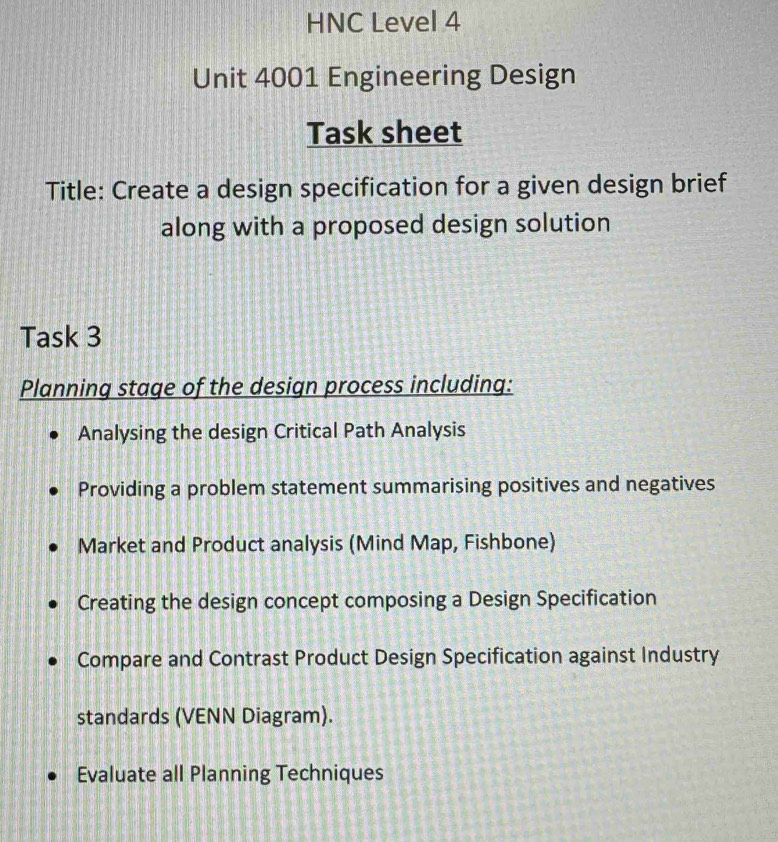 Solved: HNC Level 4 Unit 4001 Engineering Design Task sheet Title ...