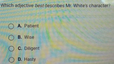 Which adjective best describes Mr. White's character?
A. Patient
B. Wise
C. Diligent
D. Hasty