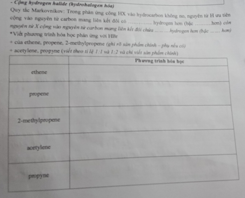Cộng hydrogen halide (hydrohalogen hóa)
Quy tắc Markovnikov: Trong phản ứng công HX vào hydrocarbon không no, nguyên từ H ưu tiên
cộng vào nguyên từ carbon mang liên kết đõi có .............. hydrogen hơn (bậc ….hơn) còn
nguyên từ X cộng vào nguyên tử carbon mạng liên kết đôi chứa ... . hydrogen hơn (bậc  ... ... hon)
* Viết phương trình hóa học phản ứng với HBr
+ của ethene, propene, 2-methylpropene (ghi rõ sản phẩm chính - phụ nếu có)