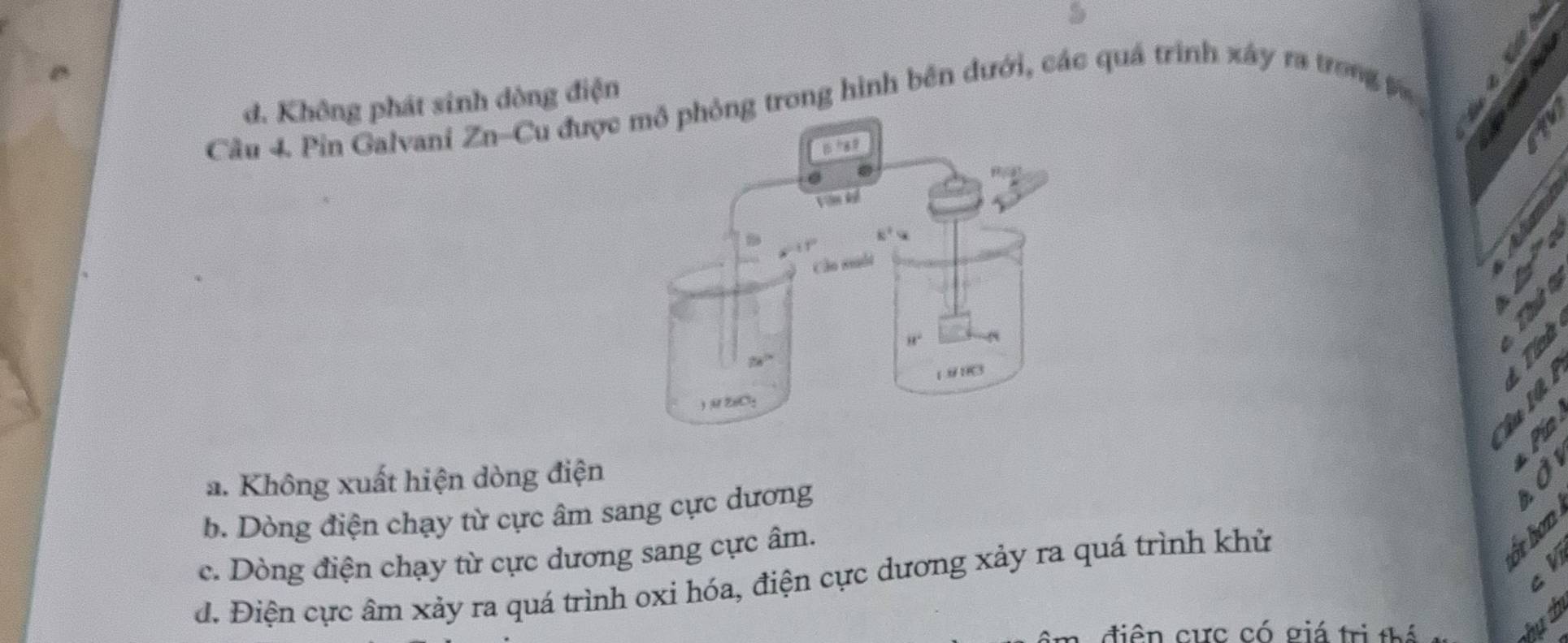 5
d. Không phát sinh dòng điện
Câu 4. Pin Galvani Zn-Cu đượ trong hình bên đưới, các quá trình xây ra trong t
a
a
a. Không xuất hiện dòng điện
b. Dòng điện chạy từ cực âm sang cực dương
c. Dòng điện chạy từ cực dương sang cực âm.
d. Điện cực âm xảy ra quá trình oxi hóa, điện cực dương xảy ra quá trình khử
6thon
điện cực có giá trị thể