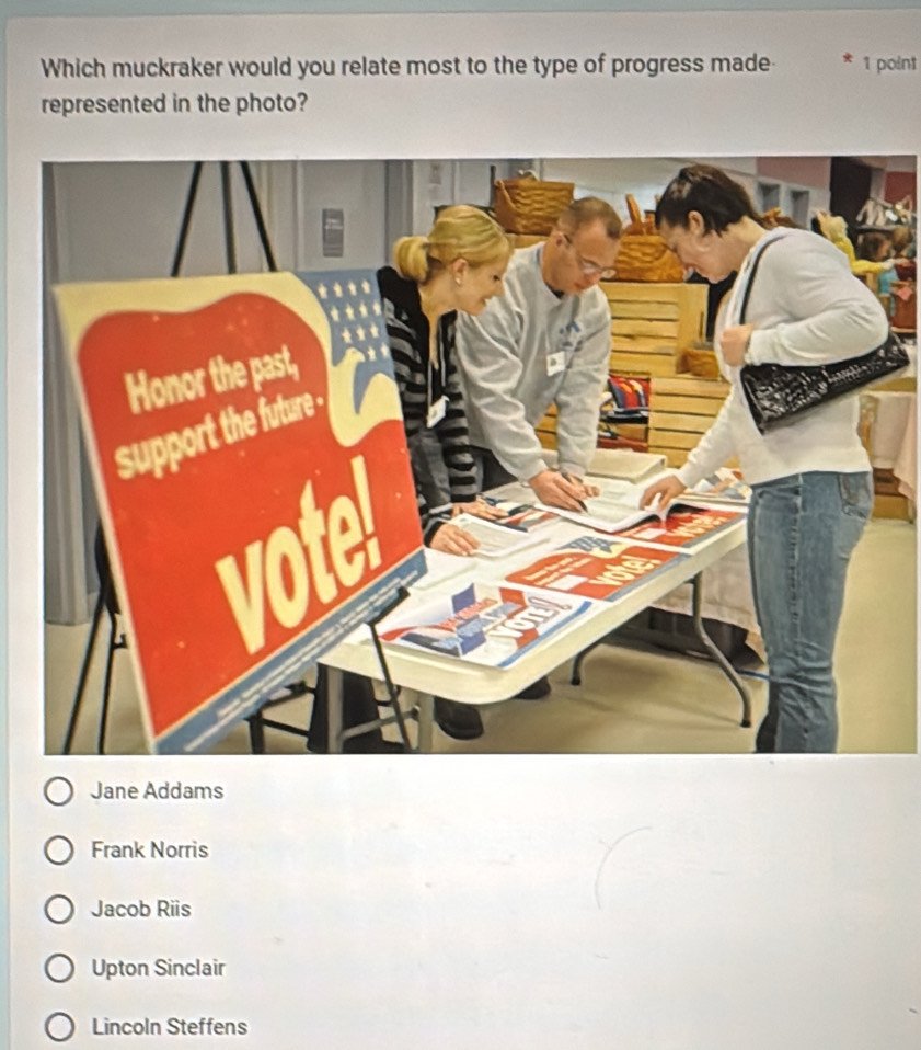 Which muckraker would you relate most to the type of progress made 1 point
represented in the photo?
Jane Addams
Frank Norris
Jacob Riis
Upton Sinclair
Lincoln Steffens