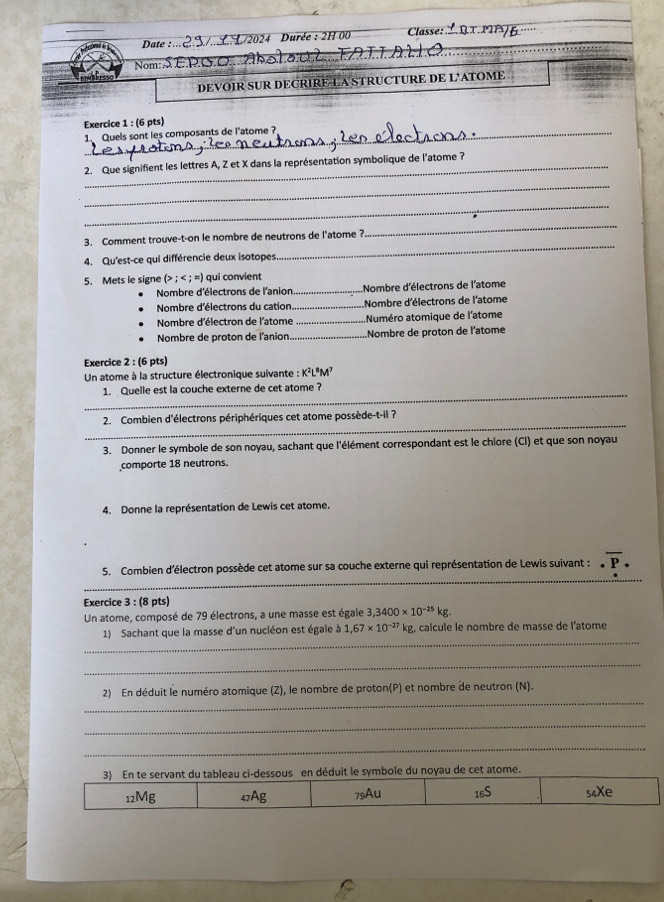 Date : ..2.3./.. L/2024 Durée : 2H 00 Classe: ∴QT.MF/6
Nom SERSO abola 0 lFAIIA lLO
DEVOIR SUR DECRIRE LA STRUCTURE DE L'ATOME
Exercice 1 : (6 pts)
_1 Quels sont les composants de l'atome ?
2. Que signifient les lettres A, Z et X dans la représentation symbolique de l'atome ?
_
_
_
3. Comment trouve-t-on le nombre de neutrons de l'atome ?
_
4. Qu'est-ce qui différencie deux isotopes
5. Mets le signe (>; qui convient
Nombre d'électrons de l'anion _Nombre d'électrons de l'atome
Nombre d'électrons du cation _.Nombre d'électrons de l'atome
Nombre d'électron de l'atome _Numéro atomique de l'atome
Nombre de proton de l'anion _Nombre de proton de l'atome
Exercice 2:(6 pts)
Un atome à la structure électronique suivante :  l K^2L^6M^7
_
1. Quelle est la couche externe de cet atome ?
_
2. Combien d'électrons périphériques cet atome possède-t-il ?
3. Donner le symbole de son noyau, sachant que l'élément correspondant est le chiore (CI) et que son noyau
comporte 18 neutrons.
4. Donne la représentation de Lewis cet atome.
_
5. Combien d'électron possède cet atome sur sa couche externe qui représentation de Lewis suivant :.overline P.
Exercice 3 : (8 pts)
Un atome, composé de 79 électrons, a une masse est égale 3,3400* 10^(-25)kg.
_
1) Sachant que la masse d'un nucléon est égale à 1,67* 10^(-27)kg , calcule le nombre de masse de l'atome
_
_
2) En déduit le numéro atomique (Z), le nombre de proton(P) et nombre de neutron (N).
_
_