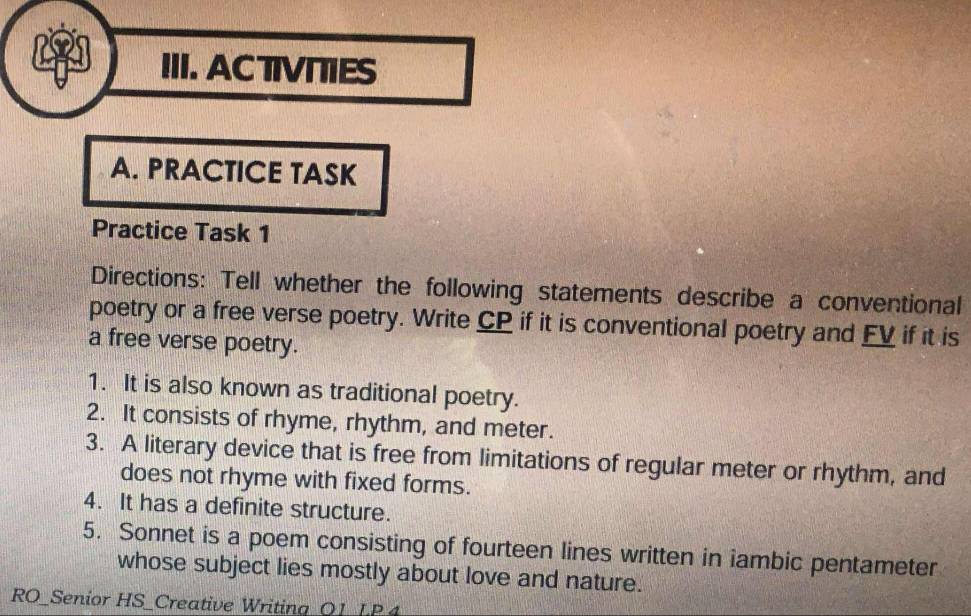 Solved: ACTVΠES A. PRACTICE TASK Practice Task 1 Directions: Tell ...