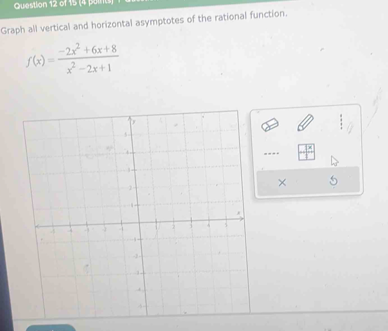 Graph all vertical and horizontal asymptotes of the rational function.
f(x)= (-2x^2+6x+8)/x^2-2x+1 
×