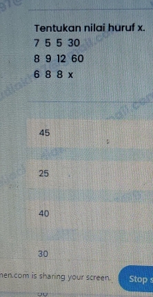 Tentukan nilai huruf x.
7 5 5 30
8912 5 a
688*  □ /□  
45
25
40
30
men.com is sharing your screen. Stop 
JU