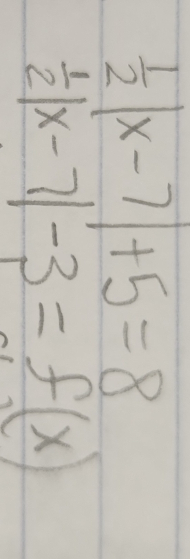  1/2 |x-7|+5=8
 1/2 |x-7|-3=f(x)