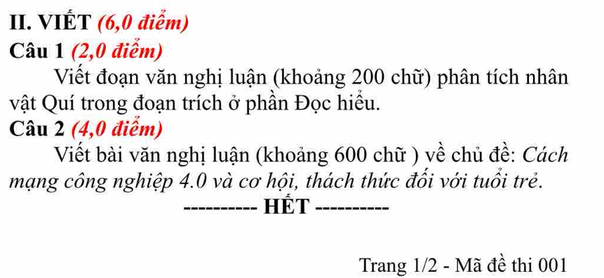 VIÉT (6,0 điểm) 
Câu 1 (2,0 điểm) 
Viết đoạn văn nghị luận (khoảng 200 chữ) phân tích nhân 
vật Quí trong đoạn trích ở phần Đọc hiều. 
Câu 2 (4,0 điểm) 
Viết bài văn nghị luận (khoảng 600 chữ ) về chủ đề: Cách 
mạng công nghiệp 4.0 và cơ hội, thách thức đối với tuổi trẻ. 
_HÉT_ 
Trang 1/2 - Mã đề thi 001