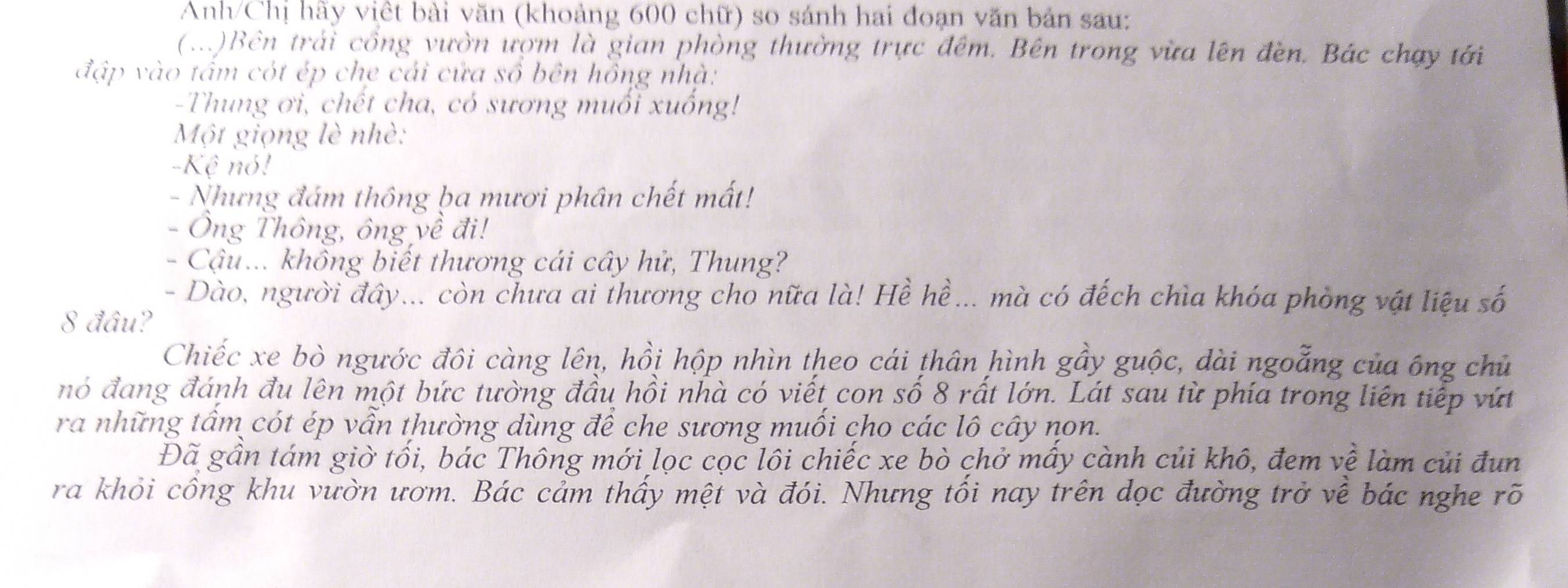 Anh/Chị hãy việt bài văn (khoảng 600 chữ) so sánh hai đoạn văn bản sau: 
(...)Bên trải cổng vườn ượm là gian phòng thường trực đêm. Bên trong vừa lên đèn. Bác chạy tới 
đập vào tấm cót ép che cái cửa số bên hồng nhà: 
-Thung ơi, chết cha, có sương muối xuống! 
Một giọng lè nhà: 
-Kệ nỏ! 
- Nhưng đám thông ba mươi phân chết mất! 
- Ông Thông, ông về đi! 
- Cậu... không biết thương cái cây hử, Thung? 
- Dào, người đây... còn chưa ai thương cho nữa là! Hề hề... mà có đếch chìa khóa phòng vật liệu số 
8 đầu? 
Chiếc xe bò ngước đôi càng lên, hồi hộp nhìn theo cái thân hình gầy guộc, dài ngoẵng của ông chủ 
nó đang đánh đu lên một bức tường đầu hồi nhà có viết con số 8 rất lớn. Lát sau từ phía trong liên tiếp vút 
ra những tấm cót ép vẫn thường dùng để che sương muối cho các lô cây non. 
Đã gần tám giờ tối, bác Thông mới lọc cọc lôi chiếc xe bò chở mấy cành củi khô, đem về làm củi đun 
ra khỏi cổng khu vườn ươm. Bác cảm thấy mệt và đói. Nhưng tối nay trên dọc đường trở về bác nghe rõ