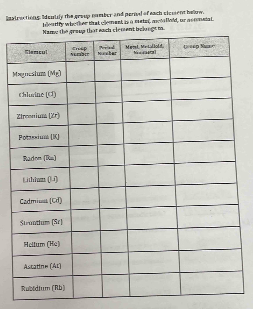 Instructions: Identify the group number and period of each element below. 
Identify whether that element is a metal, metalloid, or nonmetal. 
ach element belongs to. 
M