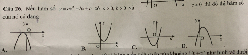 c<0</tex> 
Câu 26. Nếu hàm số y=ax^2+bx+c có a>0, b>0 và thì đồ thị hàm số
của nó có dạng
A
B C
n thiên trên nửa khoảng [0:+∈fty ) như hình vẽ dưới