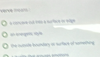 verve méans :
a conçave cut into a surface or edge
an energetic style
the outside boundary or surface of something.