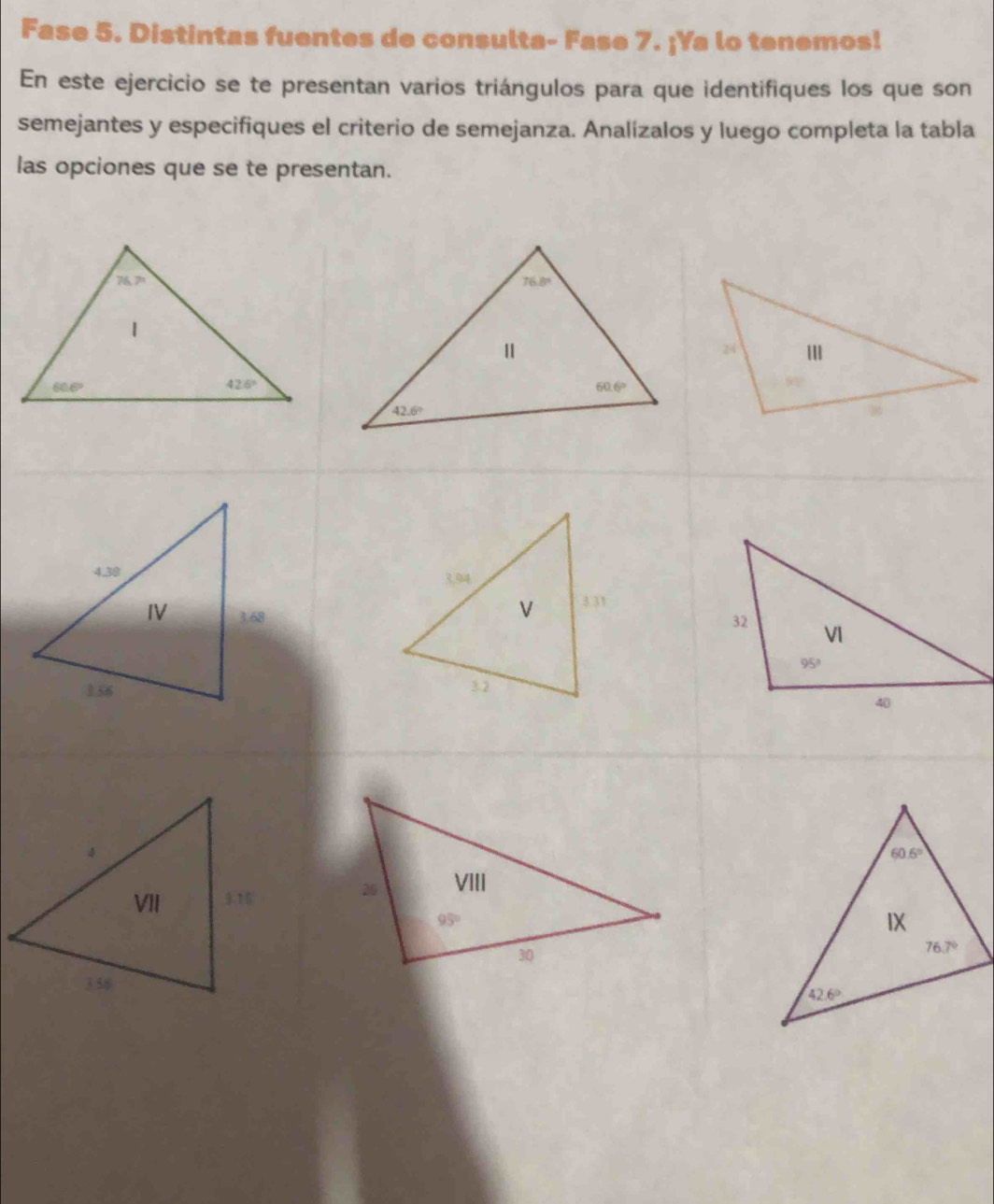 Fase 5. Distintas fuentes de consulta- Fase 7. ¡Ya lo tenemos!
En este ejercicio se te presentan varios triángulos para que identifiques los que son
semejantes y especifiques el criterio de semejanza. Analizalos y luego completa la tabla
las opciones que se te presentan.