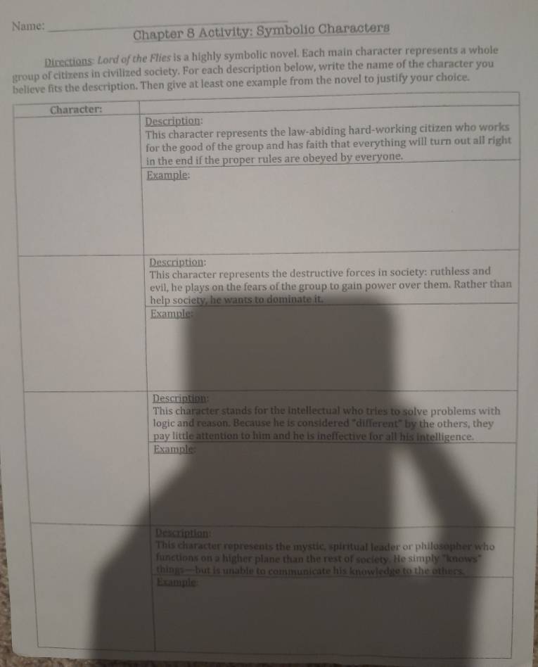 Name: 
_ 
Chapter 8 Activity: Symbolic Characters 
Directions: Lord of the Flies is a highly symbolic novel. Each main character represents a whole 
grouens in civilized society. For each description below, write the name of the character you 
beli 
s 
t 
n