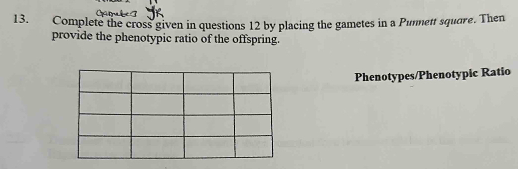 Complete the cross given in questions 12 by placing the gametes in a Pummett square. Then 
provide the phenotypic ratio of the offspring. 
Phenotypes/Phenotypic Ratio