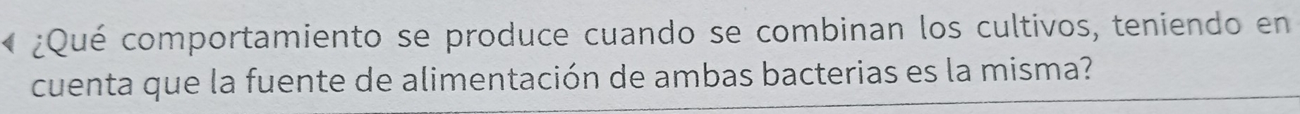 ¿Qué comportamiento se produce cuando se combinan los cultivos, teniendo en 
cuenta que la fuente de alimentación de ambas bacterias es la misma?