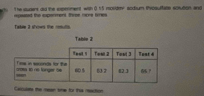 The student did the experment with (. 15 mol/dm sodium thiosulfate solution and 
rspeated the experment three more times 
Table 2 shows the results. 
Calculate the mean tme for this reaction