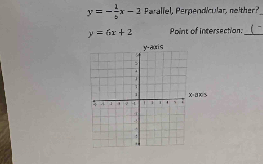 y=- 1/6 x-2 Parallel, Perpendicular, neither?_
y=6x+2
Point of intersection:_