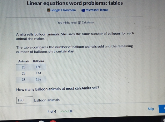 Solved: Linear equations word problems: tables Google Classroom ...