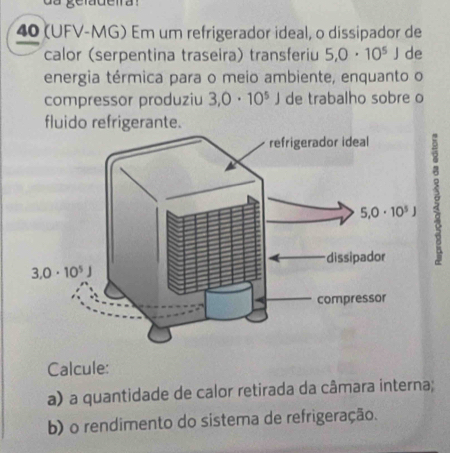 40 (UFV-MG) Em um refrigerador ideal, o dissipador de
calor (serpentina traseira) transferiu 5,0· 10^5J de
energia térmica para o meio ambiente, enquanto o
compressor produziu 3,0· 10^5J de trabalho sobre o
fluido refrigerante.
Calcule:
a) a quantidade de calor retirada da câmara interna;
b) o rendimento do sistema de refrigeração.