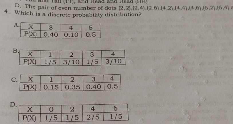 Tand rần (T1) , and Head and Head (HH)
D. The pair of even number of dots (2,2),(2,4),(2,6),(4,2),(4,4),(4,6),(6,2),(6,4)
4. Which is a discrete probability distribution?