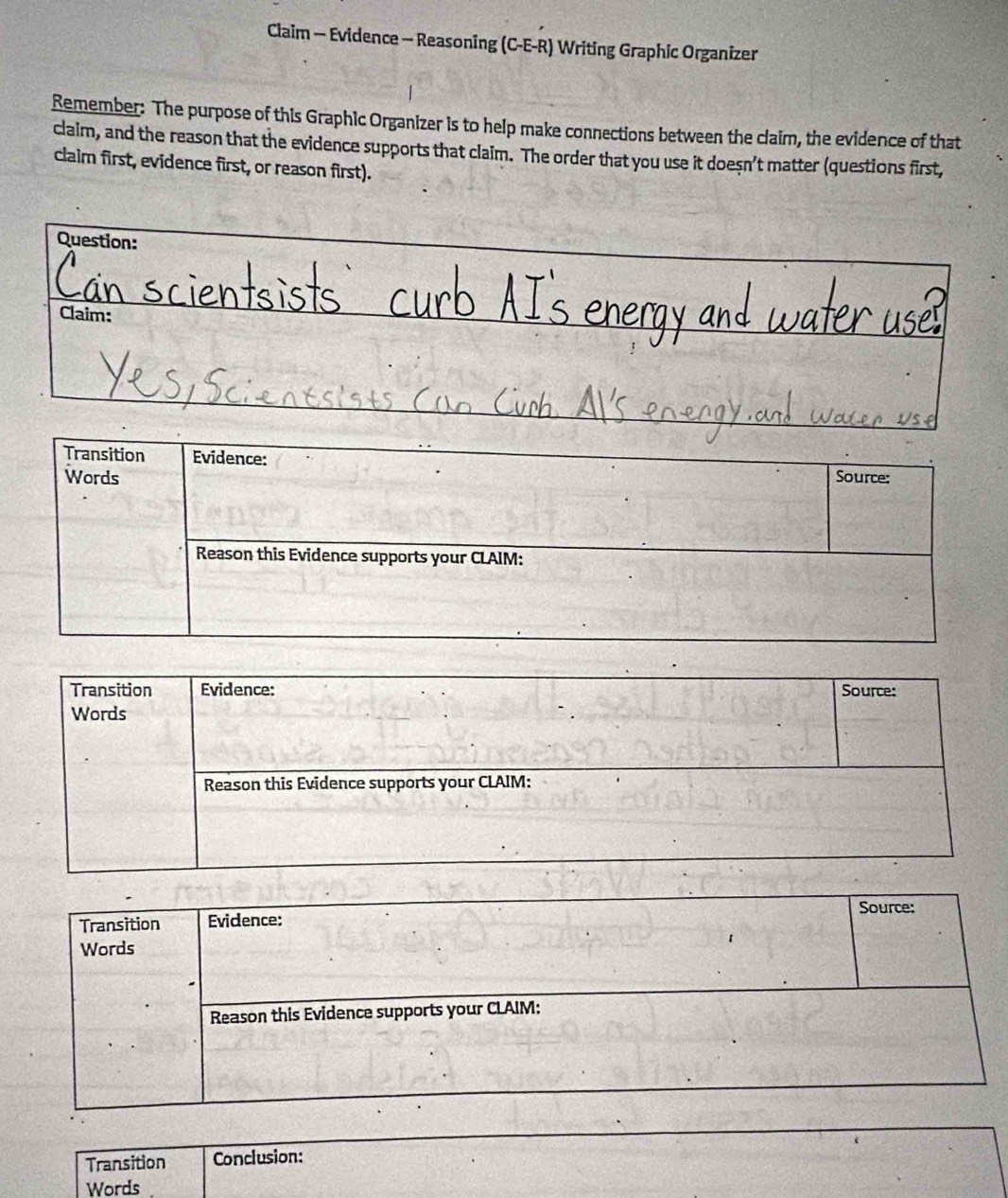 Claim - Evidence — Reasoning (C-E-R) Writing Graphic Organizer 
Remember: The purpose of this Graphic Organizer is to help make connections between the claim, the evidence of that 
claim, and the reason that the evidence supports that claim. The order that you use it doeşn’t matter (questions first, 
claim first, evidence first, or reason first). 
Question: 
Claim: 
Transition Conclusion: 
Words