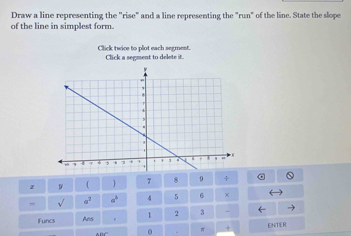 Draw a line representing the "rise" and a line representing the "run" of the line. State the slope 
of the line in simplest form. 
Click twice to plot each segment. 
Click a segment to delete it.
x y ( ) 7 8 9 / 
= sqrt() a^2 a^b 4 5 6 × 
Funcs Ans , 1 2 3 
ABC 0 . π + ENTER