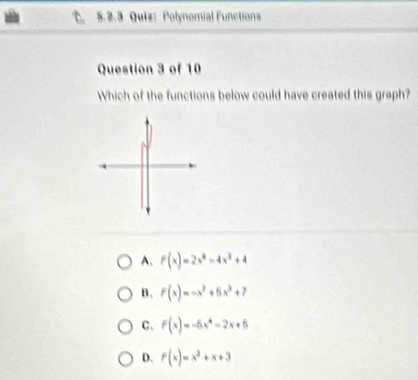 Polynomial Functions
Question 3 of 10
Which of the functions below could have created this graph?
A. F(x)=2x^3-4x^2+4
B. F(x)=-x^2+6x^3+7
C、 F(x)=-6x^4-2x+6
D. F(x)=x^2+x+3