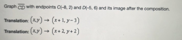 Graph overline CD with endpoints C(-8,2) and D(-5,6) and its image after the composition. 
Translation: (x,y)to (x+1,y-3)
Translation: (x,y)to (x+2,y+2)