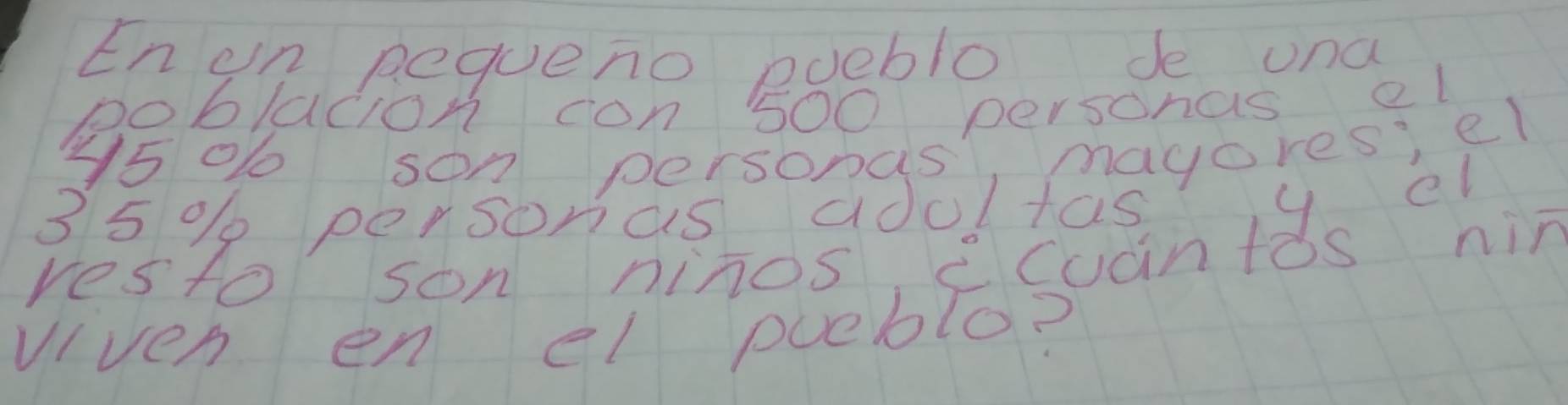 En on pequeno pueblo de una 
pob/acion con 500 personas el
y5 % son personas, mayores, el
35 % personas adoltas 
y el 
restor son ninos ccuantos nin 
viven en el pceblo?