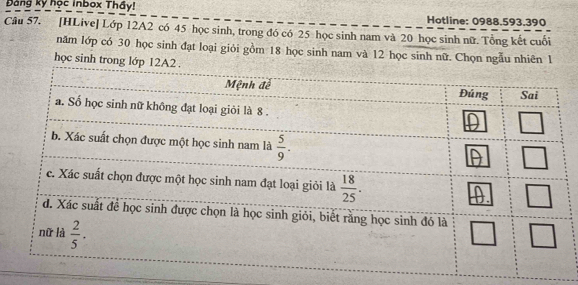 Bảng ký học Inbox Thầy! Hotline: 0988.593.390
Câu 57. [HLive] Lớp 12A2 có 45 học sinh, trong đó có 25 học sinh nam và 20 học sinh nữ. Tổng kết cuối
năm lớp có 30 học sinh đạt loại giỏi gồm 18 học sinh nam và 12 học sinh nữ. Chọn ngẫu nhiên 1
học sinh trong