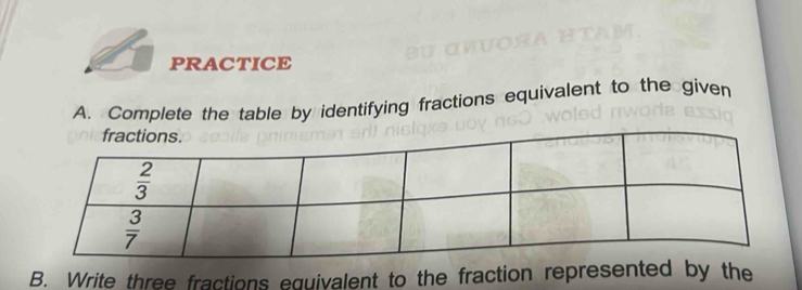 PRACTICE
A. Complete the table by identifying fractions equivalent to the given
B. Write three fractions equivalent to the fraction represented by the