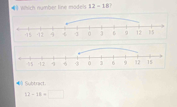 Which number line models 12-18 ?
Subtract.
12-18=□