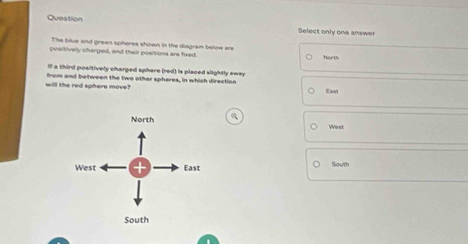 Question Select only one answer
The blue and green spheres shown in the diagram below are
positively charged, and their positions are fixed. North
If a third positively charged sphere (red) is placed slightly away
from and between the two other spheres, in which direction
will the red sphere move? East
West
South