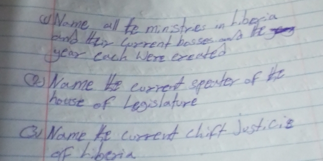 Name all te minstres in L. begia 
and Heir Gerent bosses and bhe 
year each Were ereated 
OName He corrent speater of the 
house of Legislafure 
③ Name he corrent chiff Josticis 
of Liberia