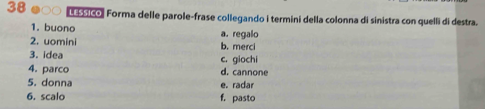 LESSICO Forma delle parole-frase collegando i termini della colonna di sinistra con quelli di destra.
1. buono a. regalo
2. uomini b. merci
3. idea
c. giochi
4. parco d. cannone
5. donna
e. radar
6. scalo f. pasto