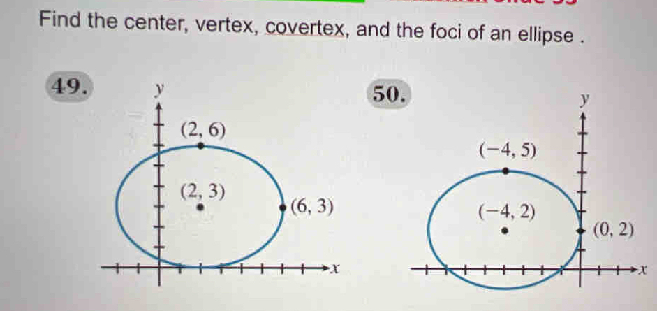 Find the center, vertex, covertex, and the foci of an ellipse .
49. 50