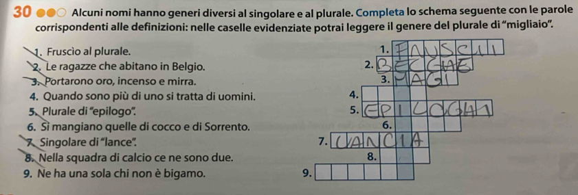 Alcuni nomi hanno generi diversi al singolare e al plurale. Completa lo schema seguente con le parole 
corrispondenti alle definizioni: nelle caselle evidenziate potrai leggere il genere del plurale di “migliaio”. 
1. Fruscio al plurale. 
2. Le ragazze che abitano in Belgio. 
3. Portarono oro, incenso e mirra. 
4. Quando sono più di uno si tratta di uomini. 
5. Plurale di “epilogo”. 
6. Ši mangiano quelle di cocco e di Sorrento. 
7 Singolare di “lance”. 
8. Nella squadra di calcio ce ne sono due. 
9. Ne ha una sola chi non è bigamo.